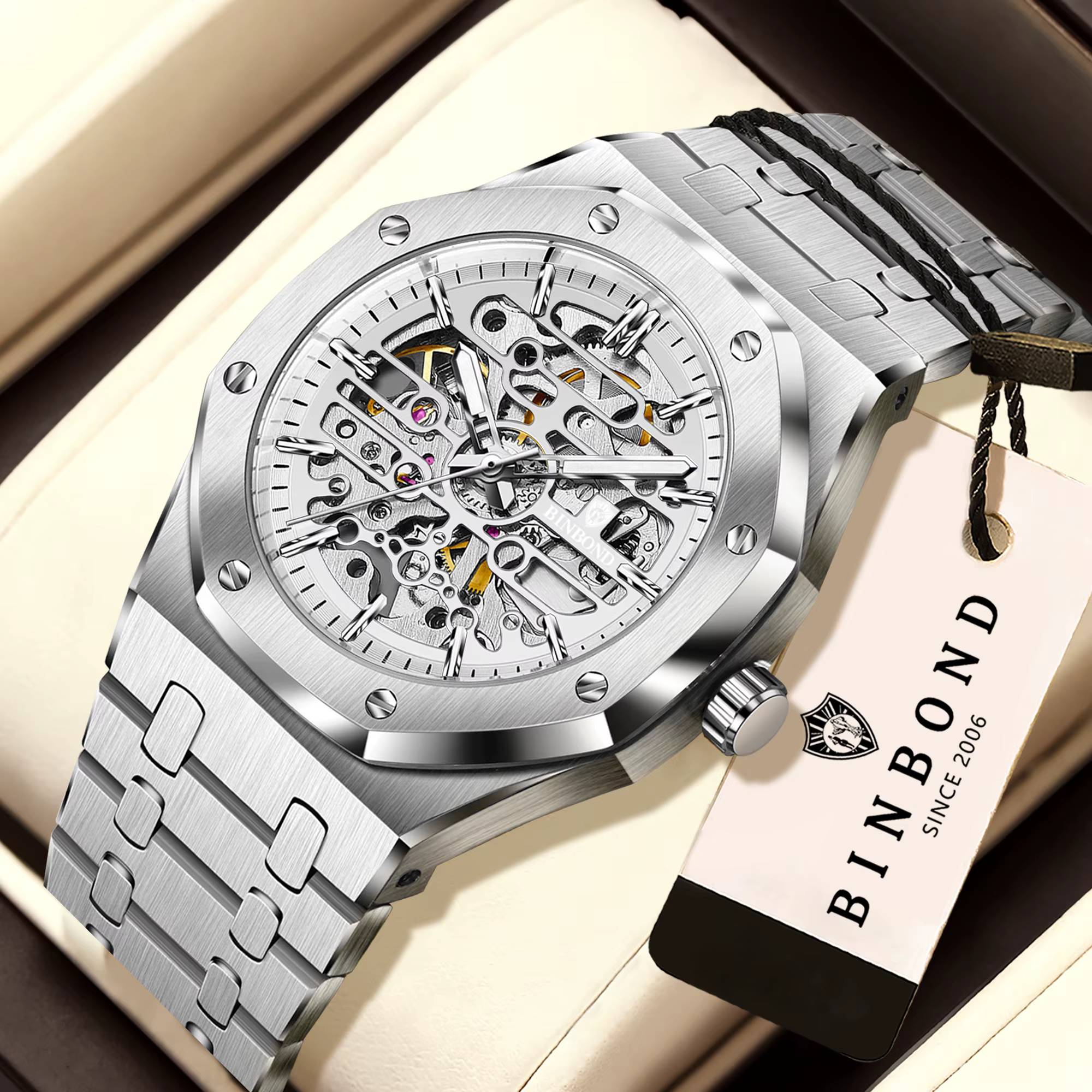 Montres mécaniques squelette tourbillon originales BINBOND pour hommes, montres de luxe lumineuses,