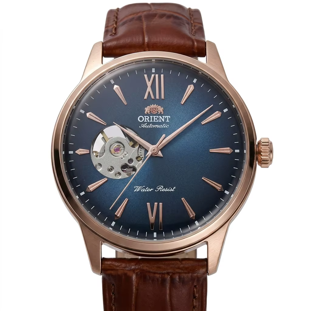Montre automatique Orient Open Heart pour homme, or rose, cadran bleu, bracelet en cuir, étanche, mo
