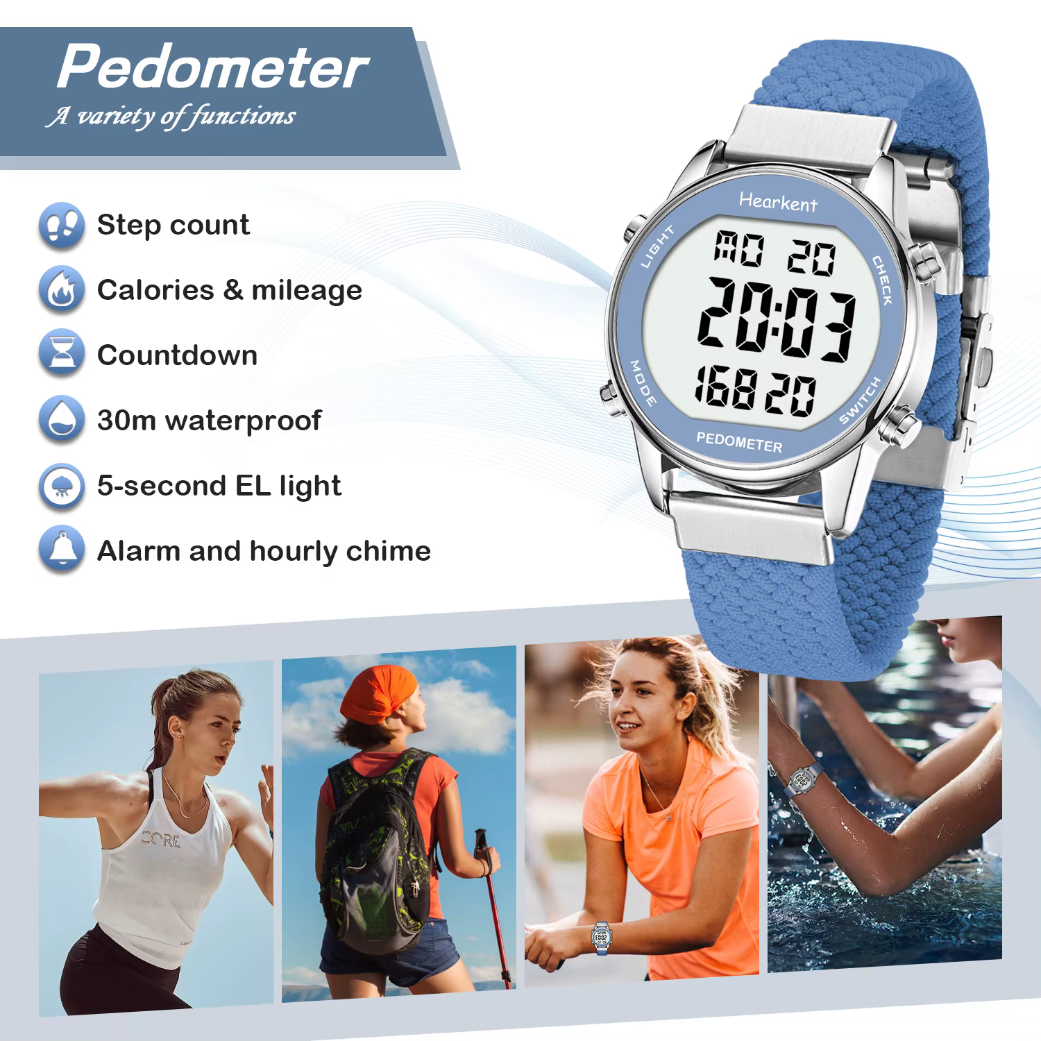 Hearkent-Montre de sport numérique pour femme, podomètre, compteur de pas, chronomètre, compte à reb