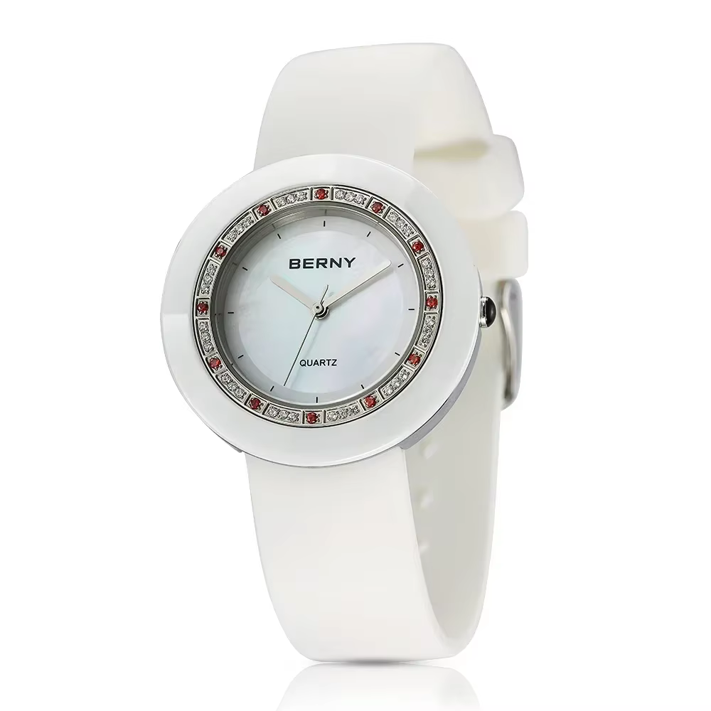 BERNY – montre à Quartz pour femmes, montre de luxe élégante en céramique avec ensemble de zircons, 