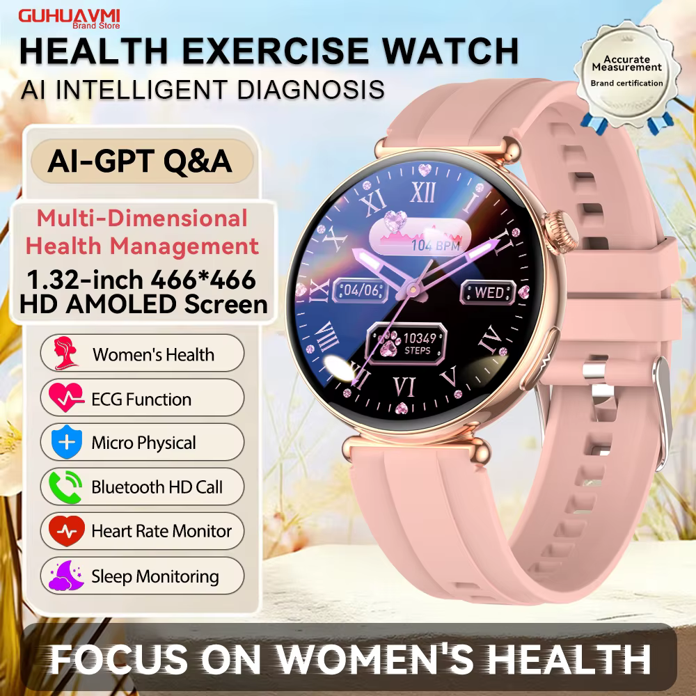 Montre connectée de santé pour femmes avec ECG, écran AMOLED 1,32'', examen physique, moniteur de te