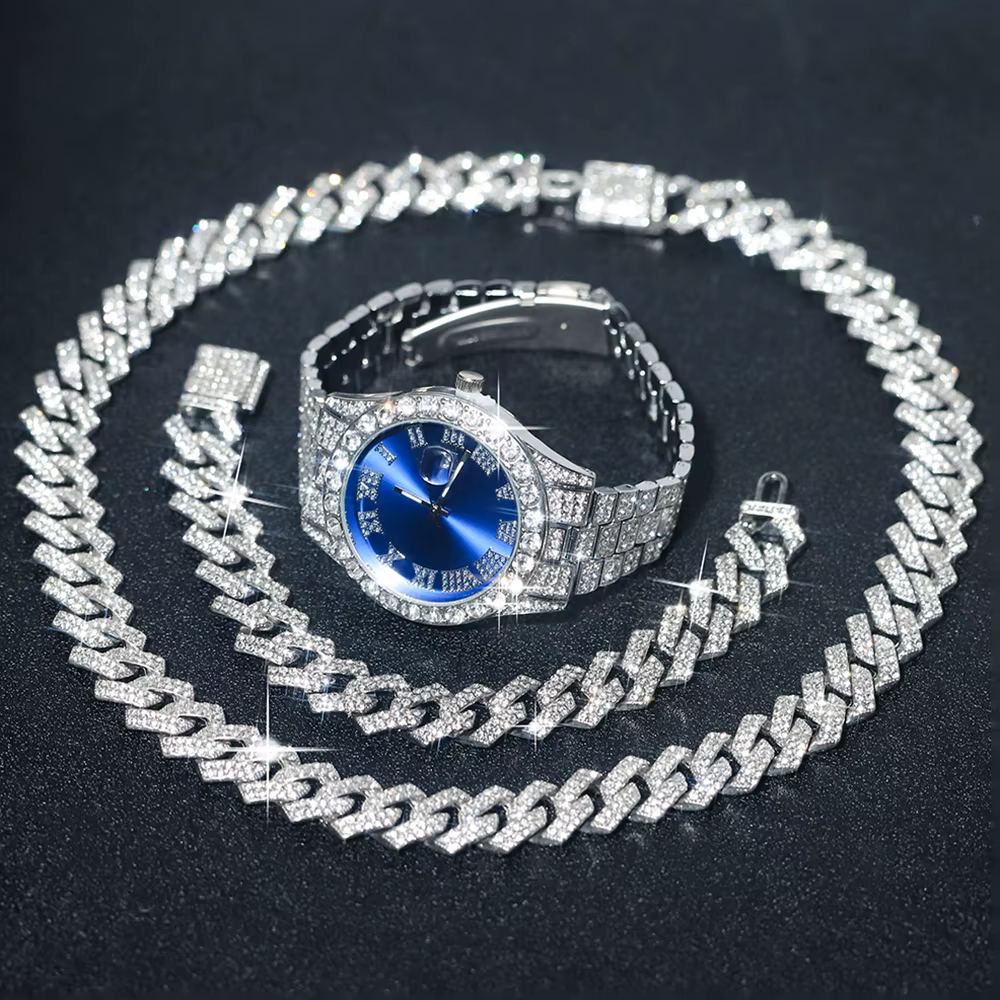 Ensemble de montres en argent pour hommes, 3 pièces, Hip-hop Punk incrusté de diamants + chaîne cuba