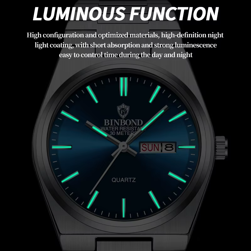 BINBOND luxe mode homme horloge haut affaires étanche lumineux Date semaine hommes montres Quartz ac