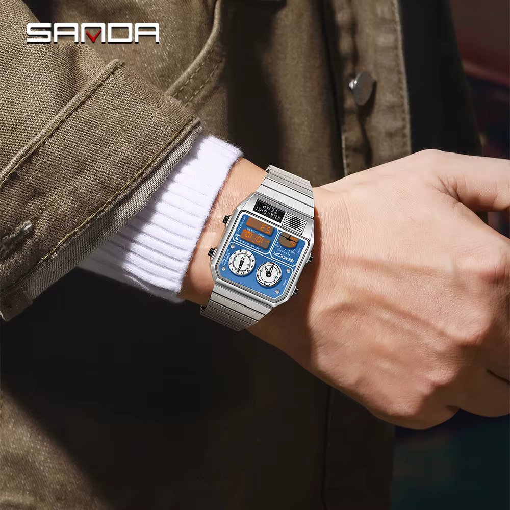 SANDA nouveau 3192 montre électronique carrée pour hommes LED étanche thermomètre chronomètre pour m