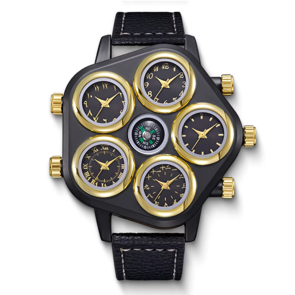 Montre à quartz pour homme à grand cadran personnalisé avec cinq cadrans et plusieurs fuseaux horair
