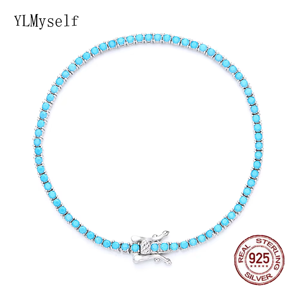 Bracelet de Tennis en argent pur 2 mm, pierre bleue Turquoise, longueur 16/17/18 cm, beaux bijoux fi