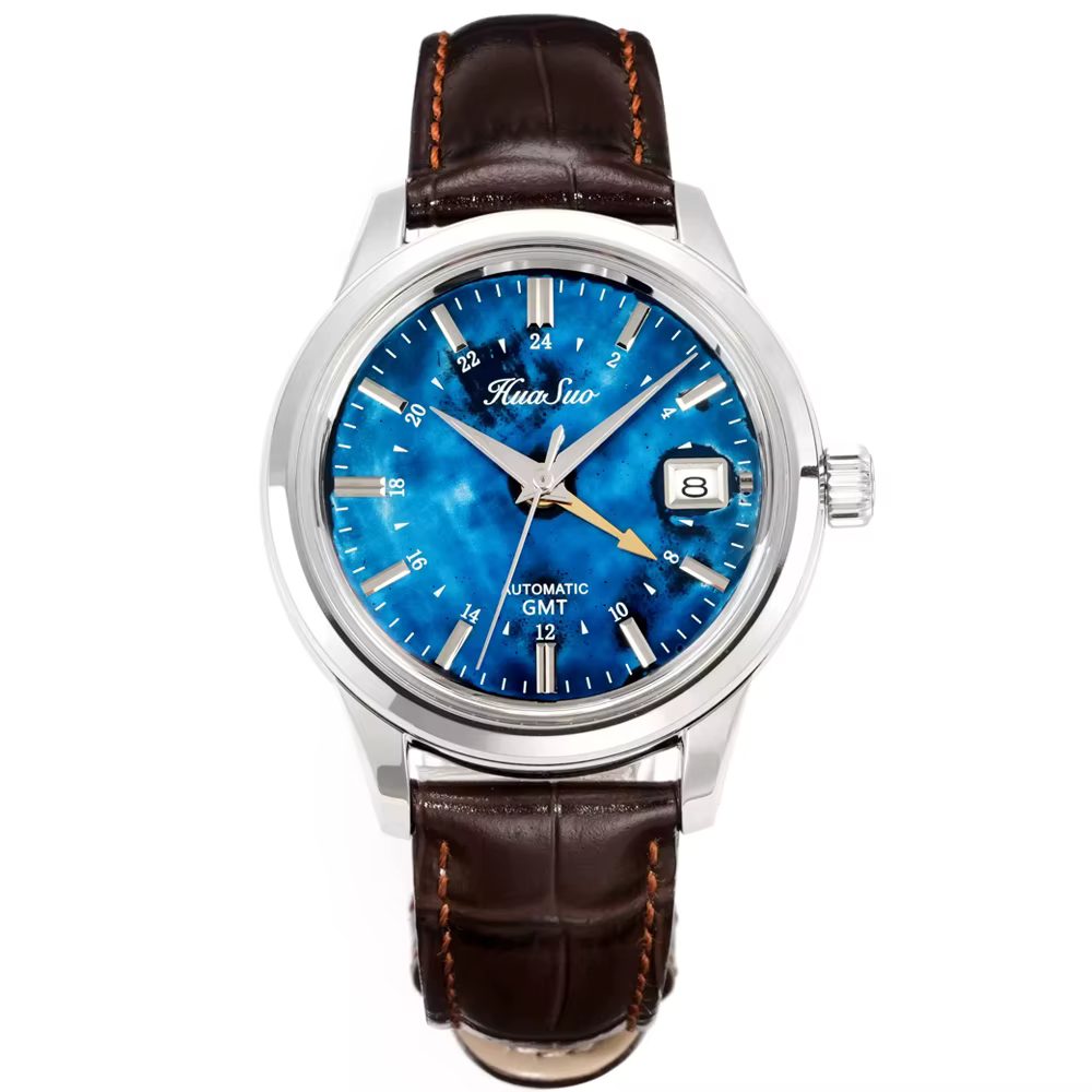 Montre pour homme HUASUO 39 mm, mouvement mécanique automatique NH34 GMT, verre saphir, acier inoxyd