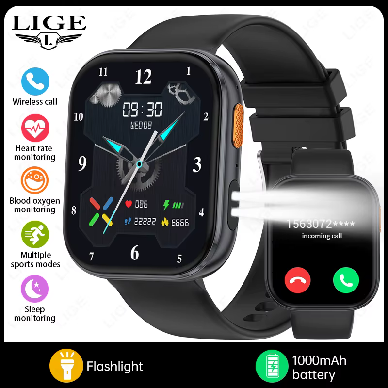 LIGE 2.04 pouces montre Ultra intelligente pour hommes femmes 1000mAh batterie haute capacité Sports