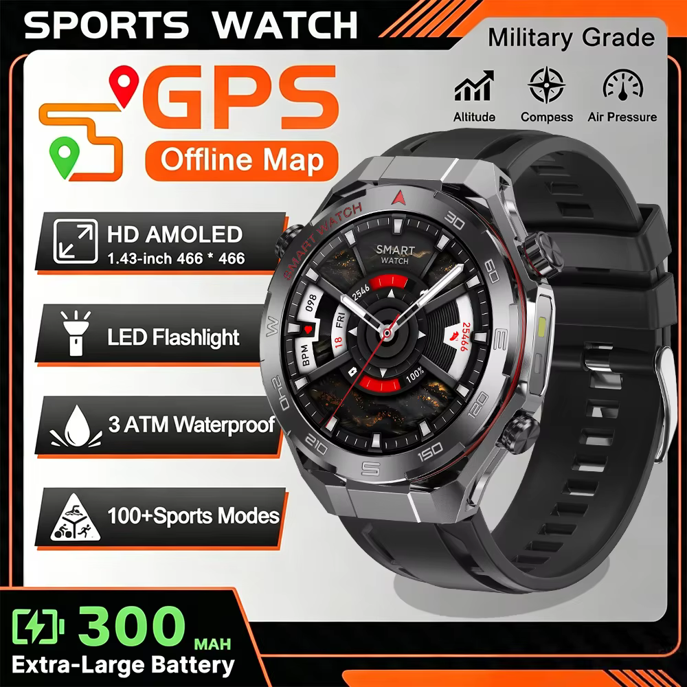 Montre connectée GPS avec navigation cartographique 2026, écran AMOLED, étanche 3ATM, boussole sport
