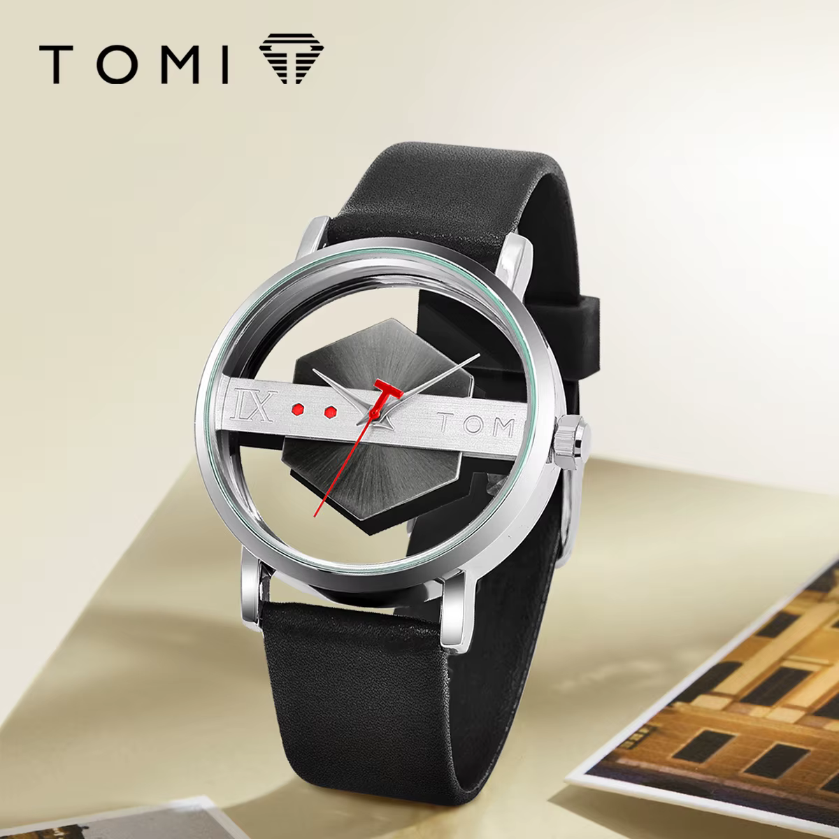 TOMI – bracelet de montre en cuir pour hommes, à la mode et minimaliste, Perspective creuse personna