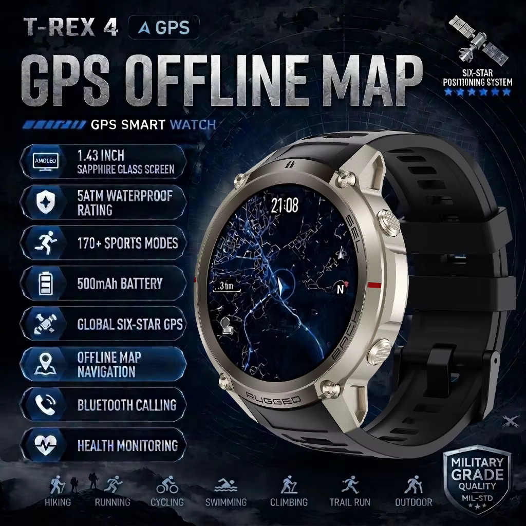 Nouvelle montre connectée GPS avec carte hors ligne, écran AMOLED 1,43'', boussole intégrée, altimèt