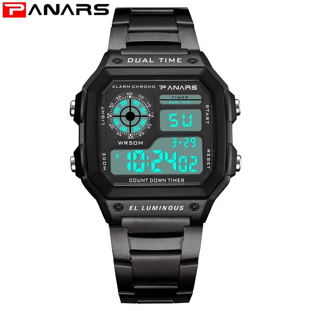 PANARS-Montre-bracelet de sport numérique étanche pour homme, bracelet en acier inoxydable, rétro-éc