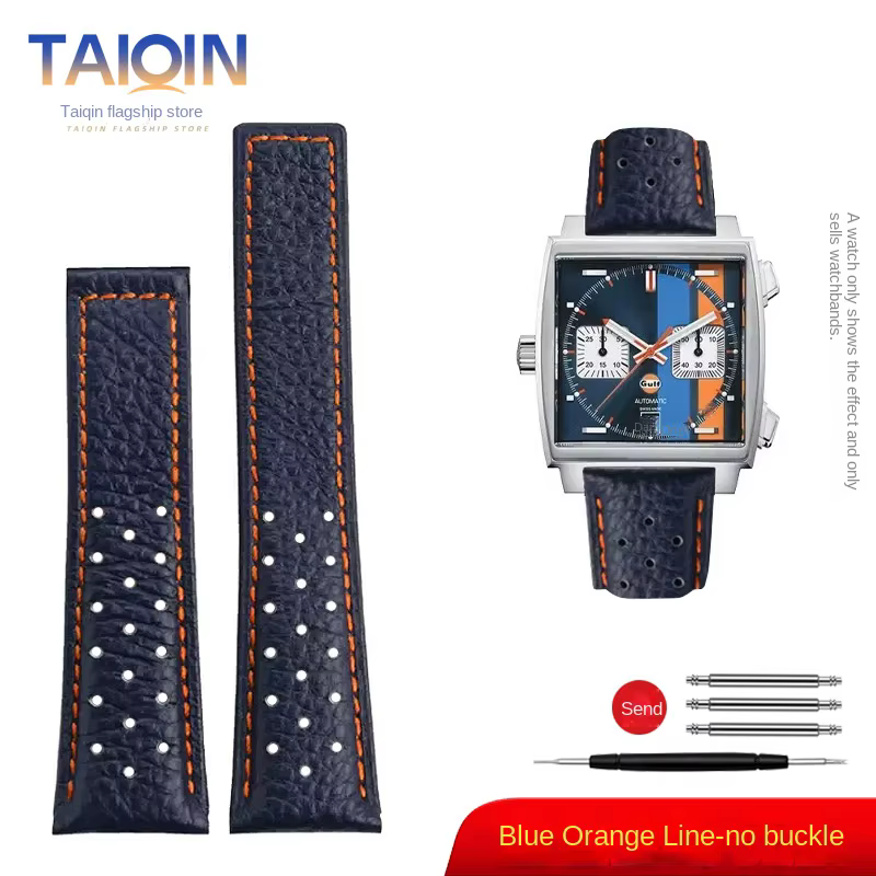 Bracelet de montre en cuir véritable respirant pour homme, bracelet à boucle pliante, bracelet Monac