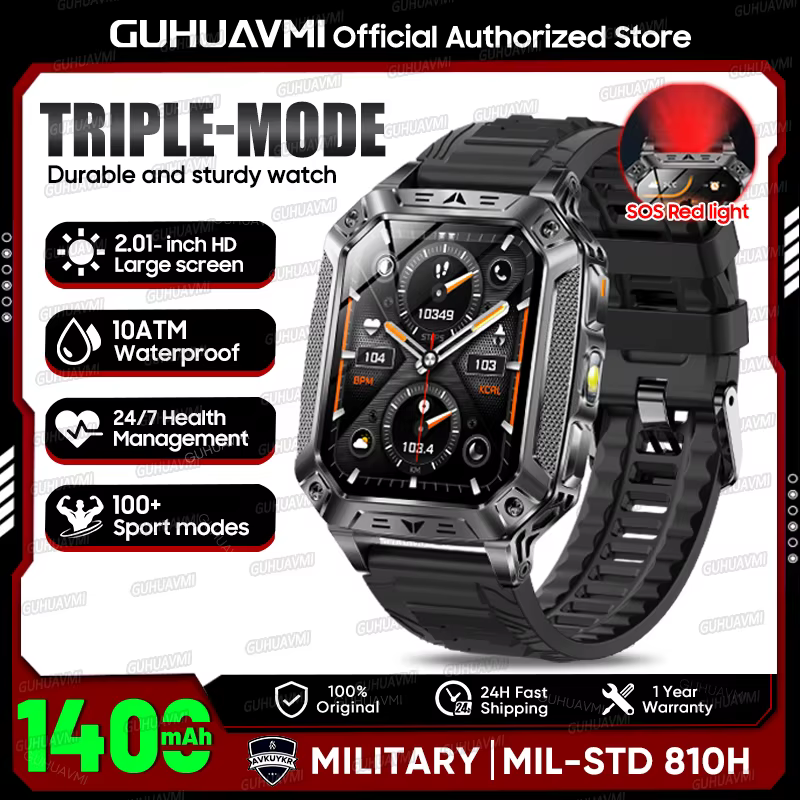 Montre connectée sportive pour homme 2026, durable, avec batterie 1400 mAh, lampe torche LED, étanch