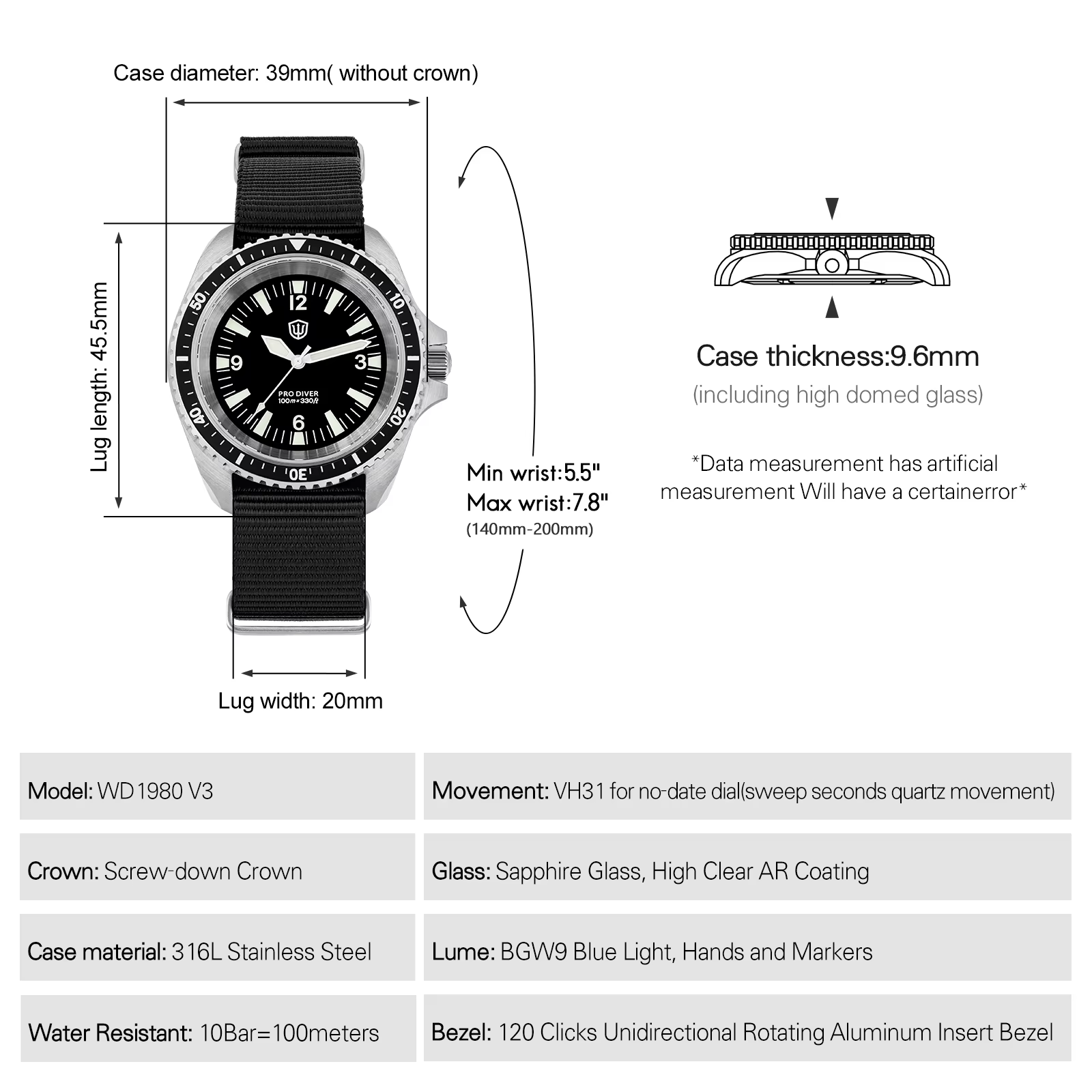 Watchdives WD1980 V3 montre de luxe VH31 balayage secondes mouvement à Quartz AR revêtement verre sa
