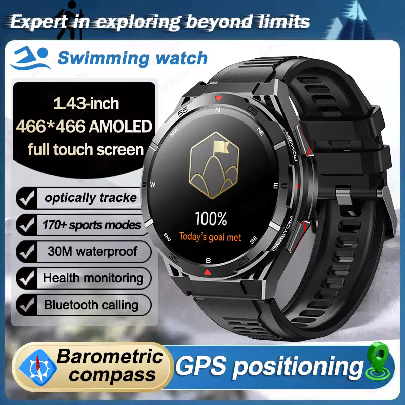 Montre Connectée de Natation Étanche pour Homme, Bracelet Satellite, GPS, dehors, Écran AMOLED 2025,