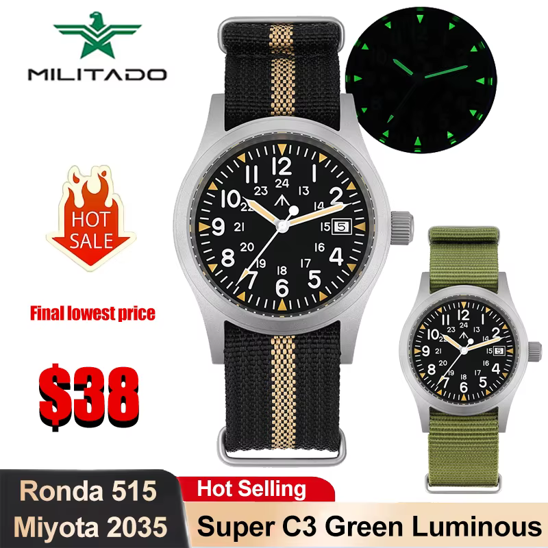 Militado ML05 38mm montre à Quartz mis5 2035/Ronda 515 mouvement montres bombé saphir cristal lumine