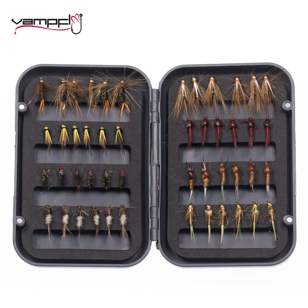 Vampfly 48 pièces ensemble de mouches boîte tête de perle cuivre John nymphe Caddis mai mouche nymph