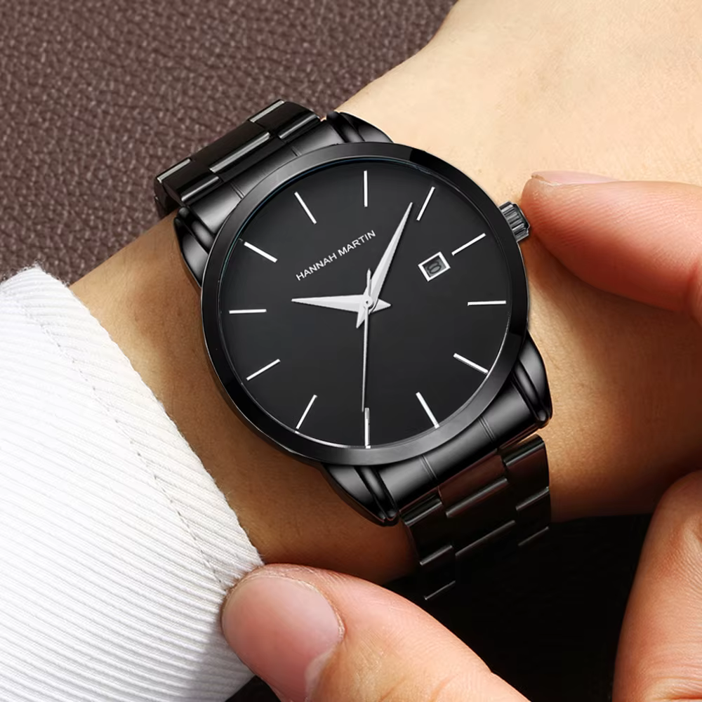 Hannah Martin montre en acier inoxydable pour hommes mode affaires Style noir Style minimaliste 3Bar