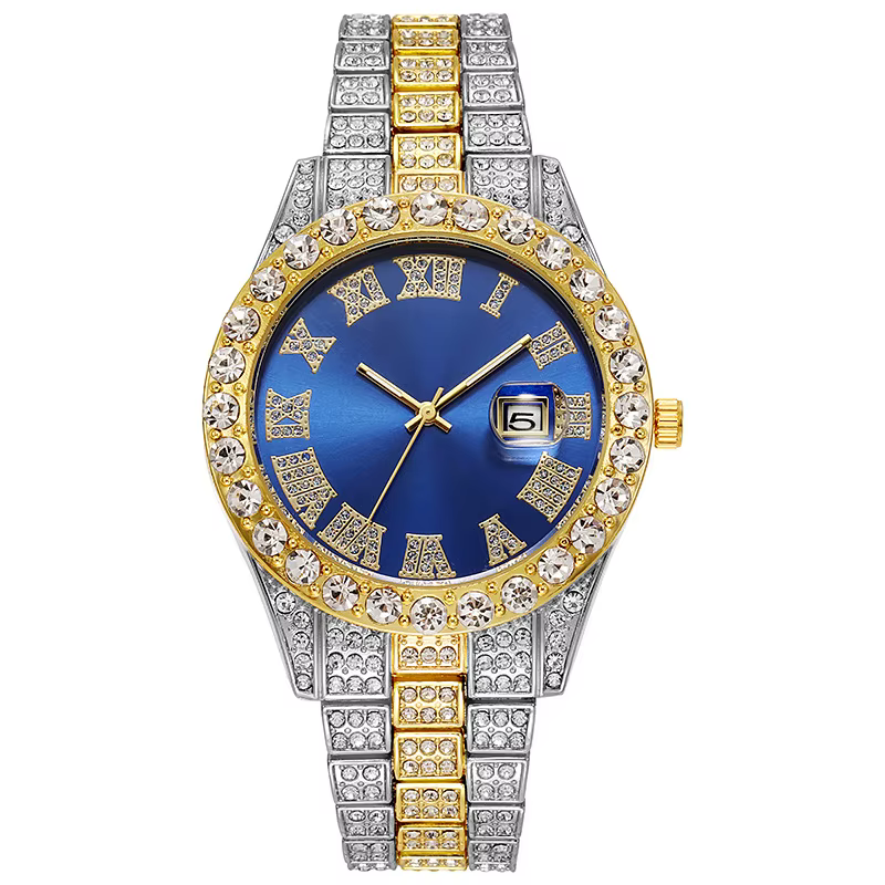 Montre de luxe Hip Hop en acier inoxydable pour hommes, couleur or, calendrier, strass pavés glacés