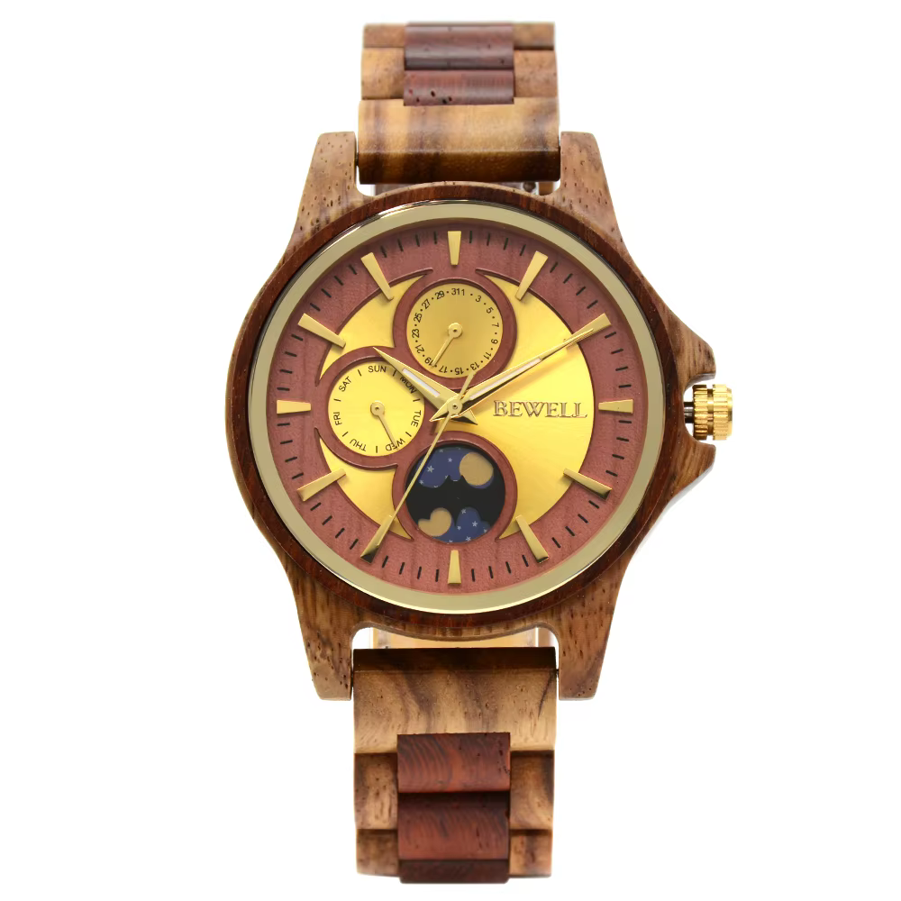 Montre homme luxueuse en bois gravé cadran rond phase de lune lumineuse, cadeau personnalisé pour ma