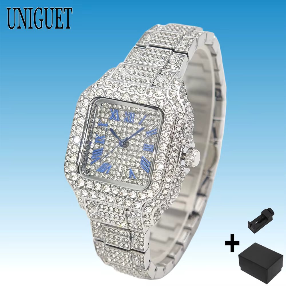 Montre carrée UNIGUET entièrement sertie de diamants pour femme, luxe argenté avec chiffres romains 