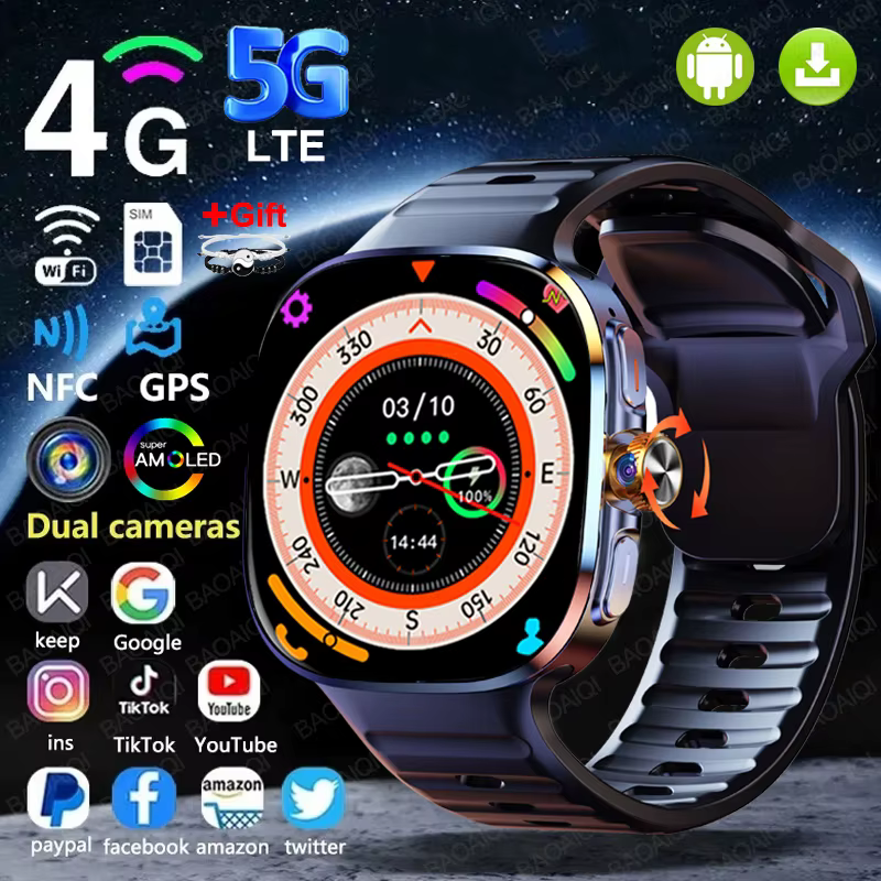 Android 10 Smartwatch 2.4 pouces HD AMOLED écran 16GB + 256GB RAM 2100mAh GPS WIFI NFC Tiktok Google