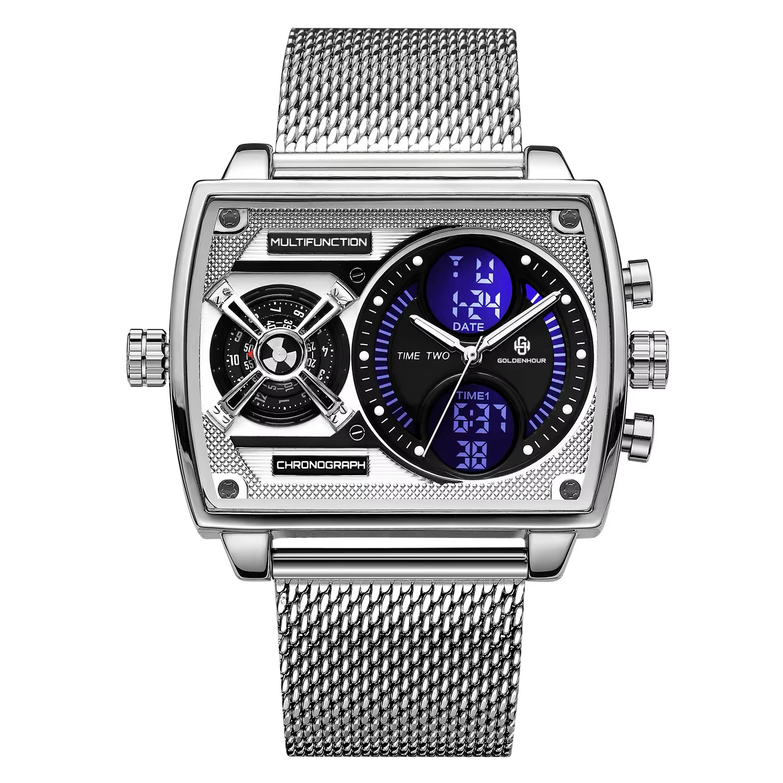 GOLDENHOUR Montre de luxe dorée pour homme, style industriel, LED numérique analogique, double fusea