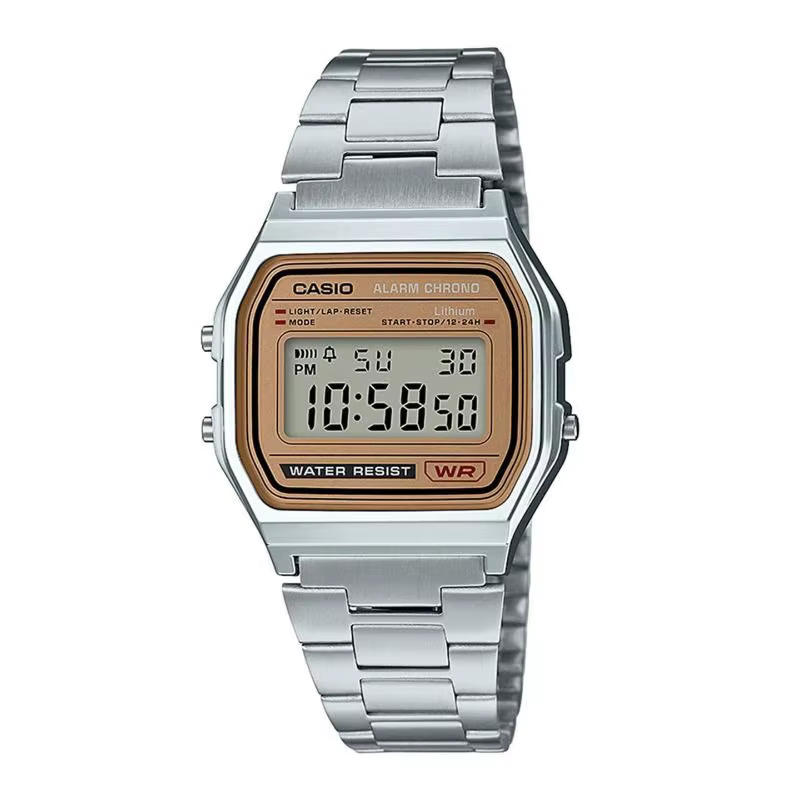 Montre à quartz multifonctionnelle CASIO A158WEA-9, design rétro, petit carré, bracelet en acier, ét