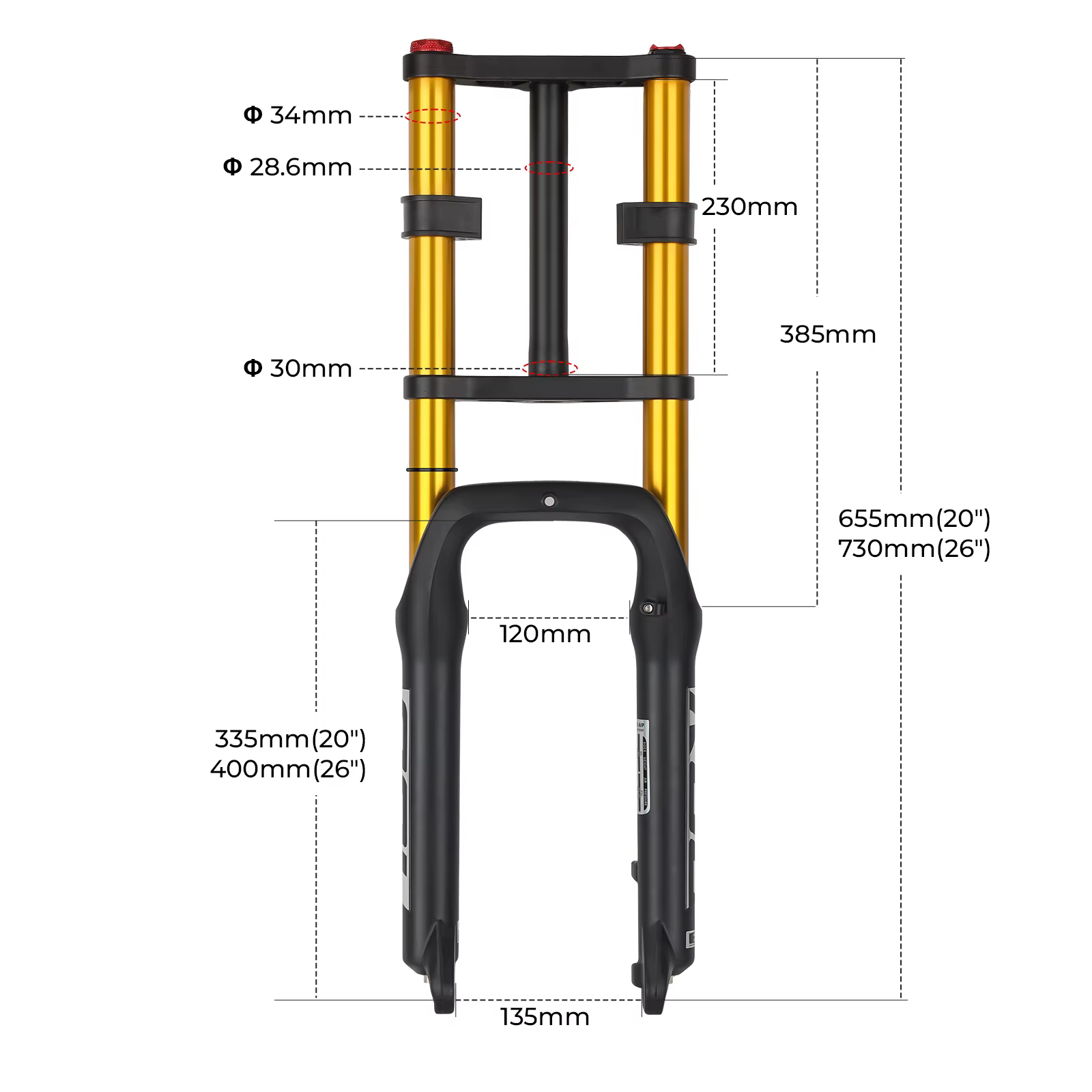 BOLANY fourche avant de neige à Double épaule 20*4.0 pouces/26*4.0 pouces fourche vtt 130mm fourche
