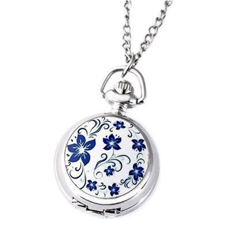 Couple modèles classique mode rétro Quartz petite argent Lotus bleu fleur montre de poche