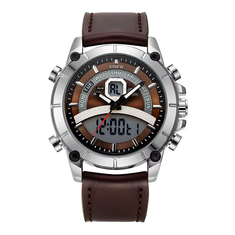 Hommes grande marque XINEW montres étudiants mode bracelet en cuir sport multi-fonction double temps