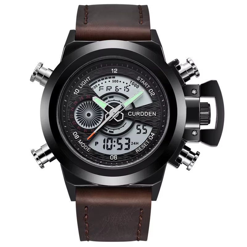 Hommes Original CURDDEN marque double temps montres mode bracelet en cuir chronographe militaire mul