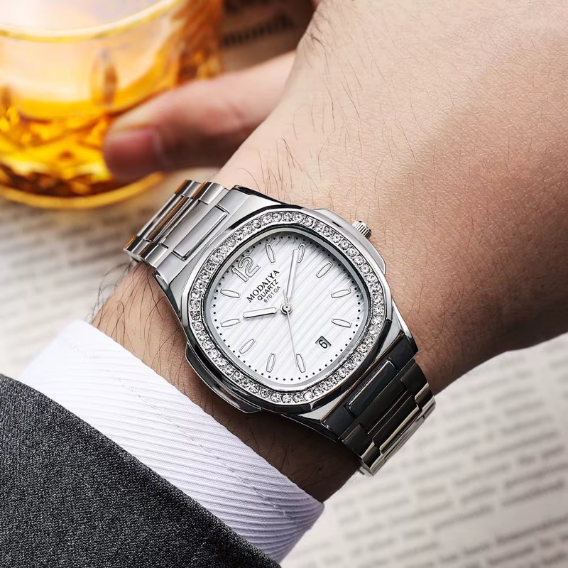 Montre de luxe pour hommes, mode décontractée, grand cadran, argent, acier inoxydable, calendrier, Q