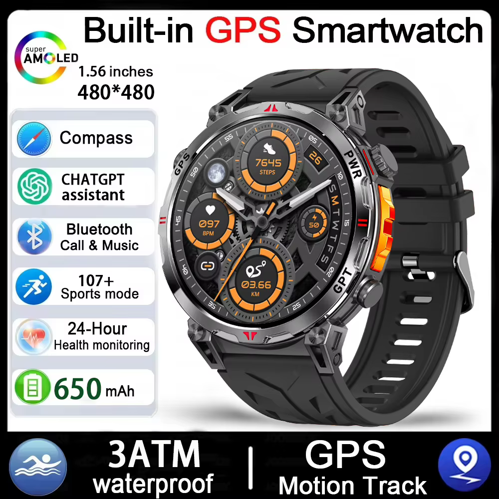 Montre connectée GPS pour hommes, avec boussole, appels sans fil, étanche, Assistant vocal, moniteur