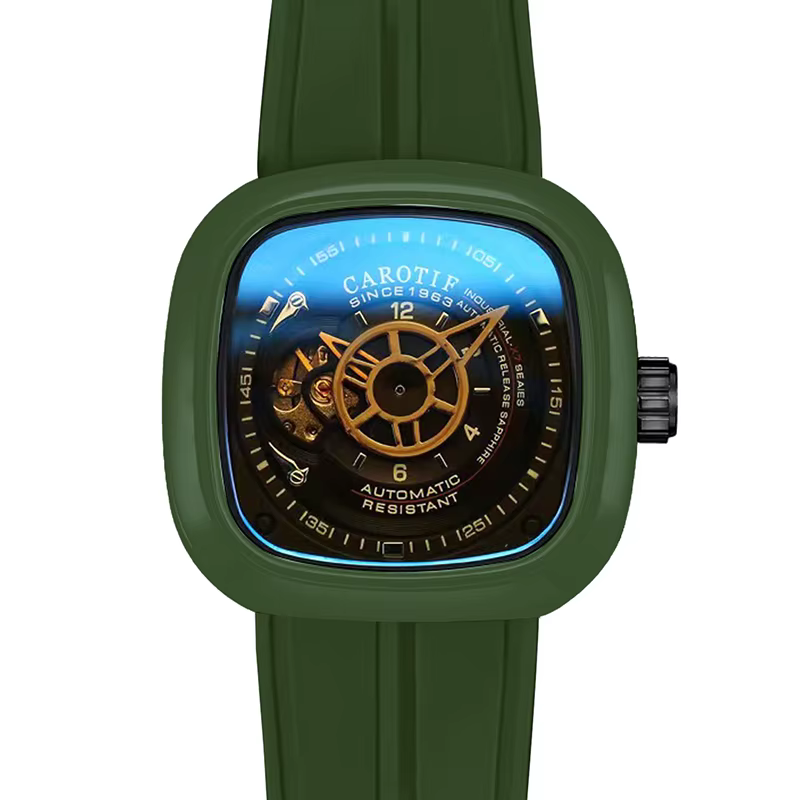 Une montre mécanique verte sportive et élégante à lanières carrées pour hommes
