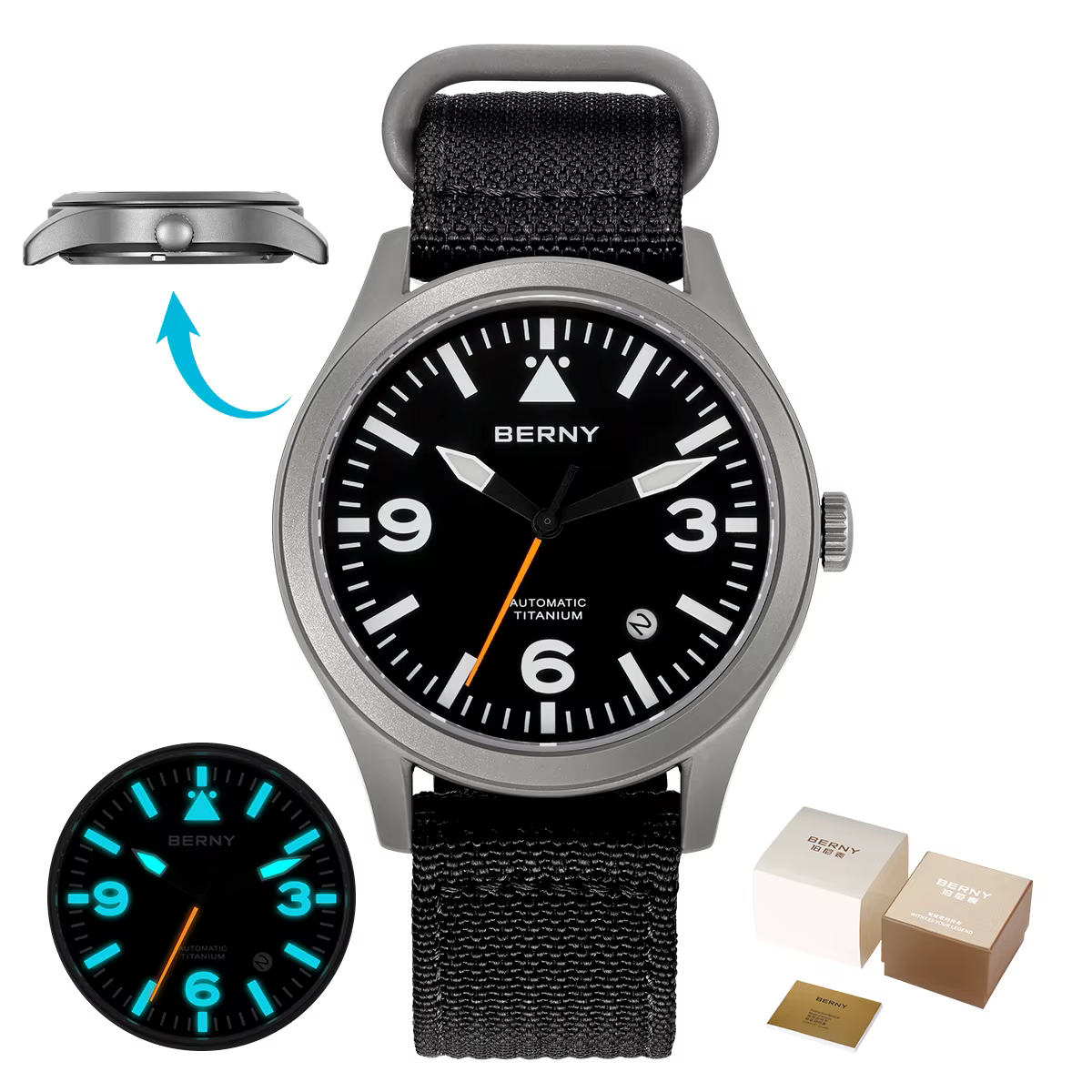 Montre mécanique en titane pour hommes BERNY Aviation, revêtement saphir AR, super lumineuse, 10 bar