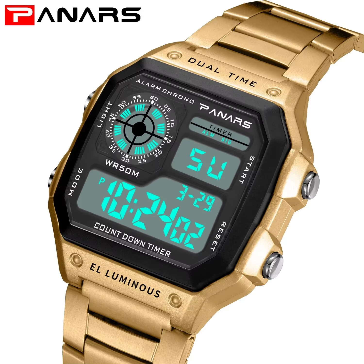 PANARS-Montre-bracelet de sport numérique étanche pour homme, bracelet en acier inoxydable, rétro-éc