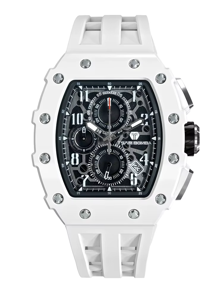 TSAR BOMBA-Montre Tonneau en Résine pour Homme, Étanche, Marque de Luxe, Chronographe, dehors, Blanc
