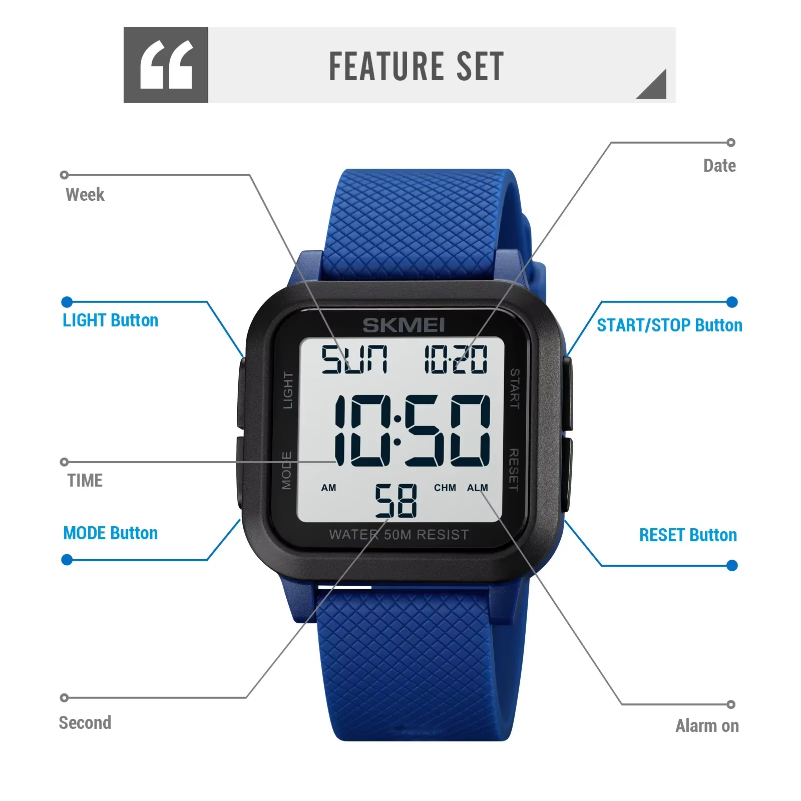 SKMEI1894 hommes alarme Chrono horloge 5Bar étanche montres militaires LED affichage choc montre num