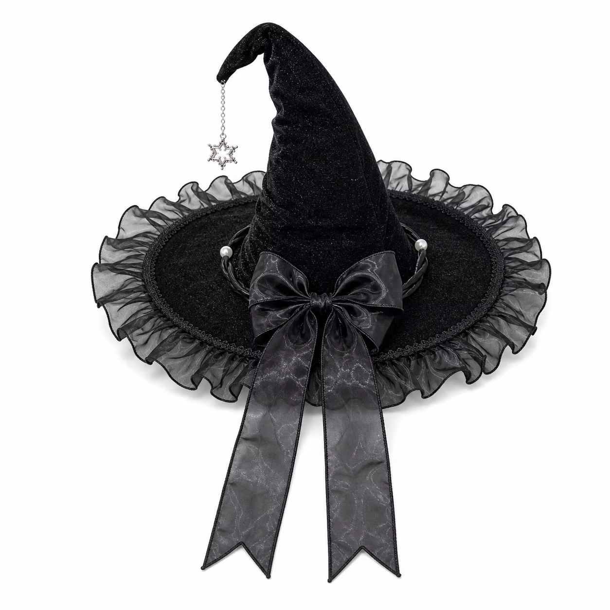 Chapeau de sorcière pour femme pour Halloween avec bordure en dentelle violette, nœud, chaîne étoile