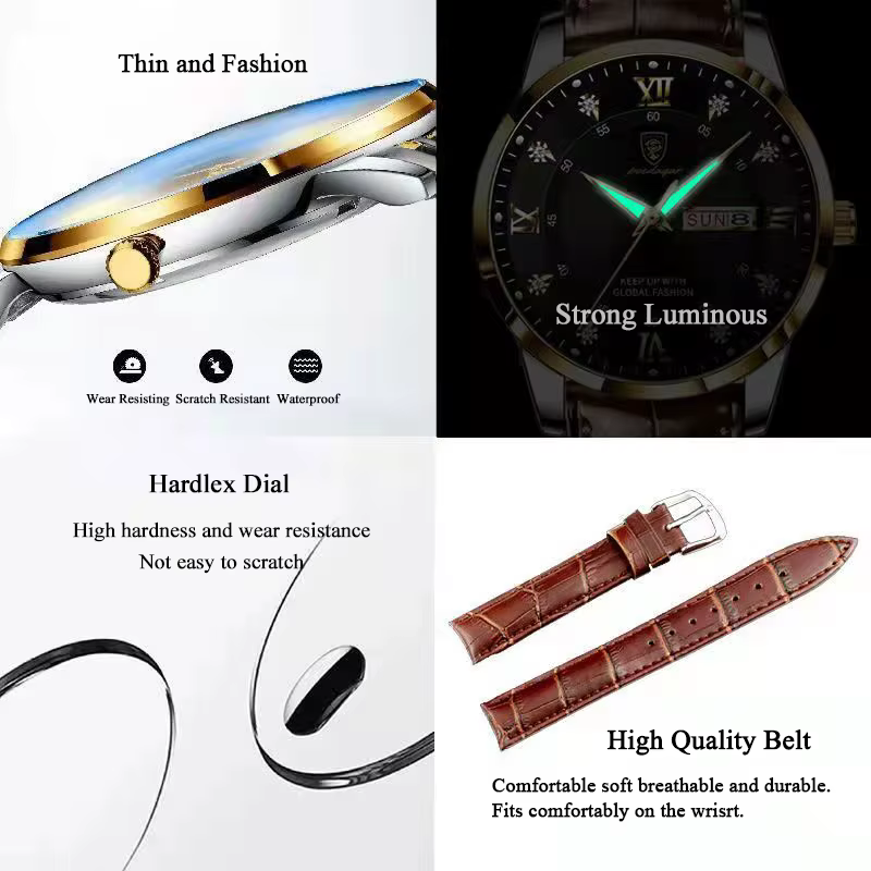 POEDAGAR marque de luxe hommes montres étanche lumineux en cuir Quartz homme montre-bracelet sport d