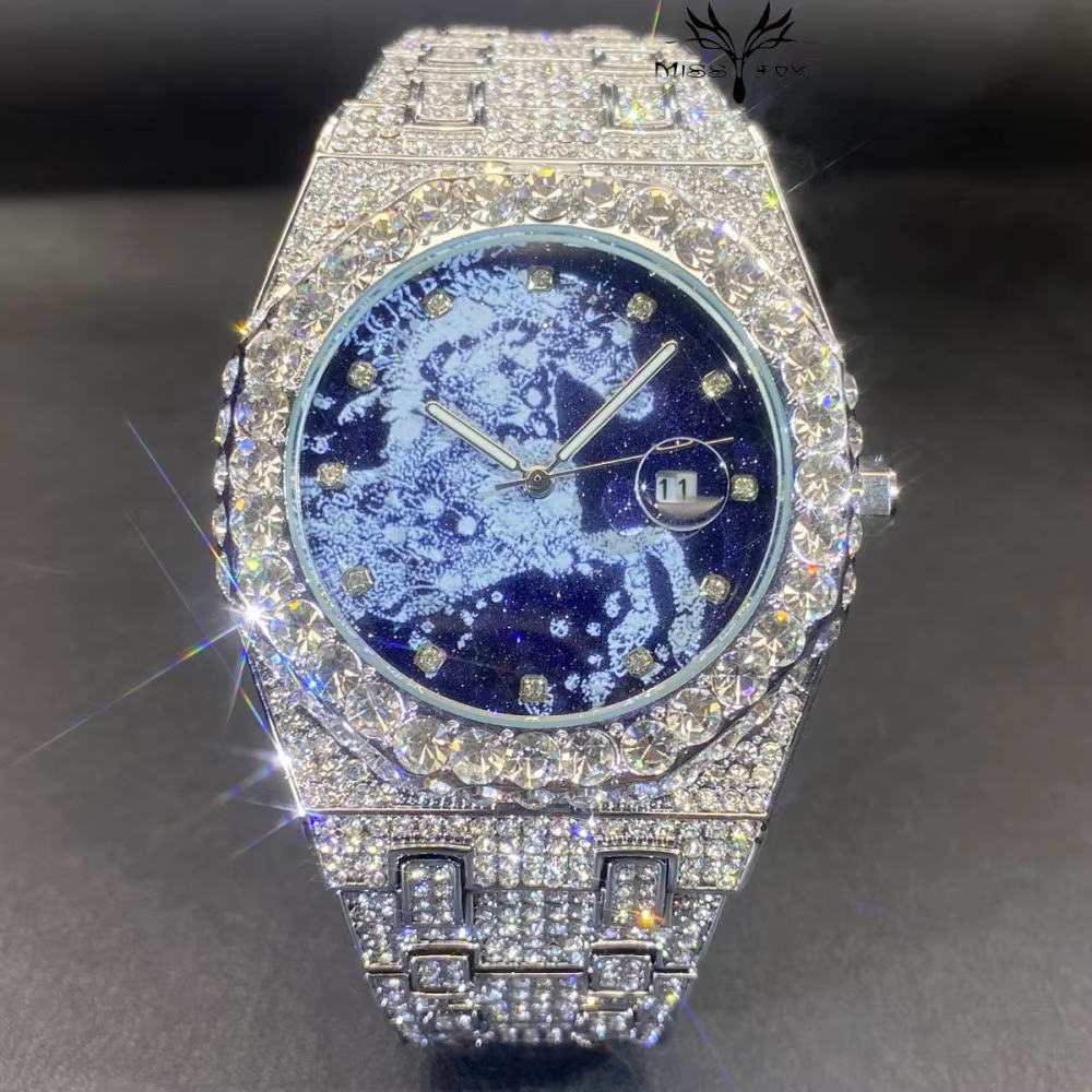 Montre-bracelet automatique MISSFOX pour homme, style Hip Hop, avec date, sertie de diamants, collec