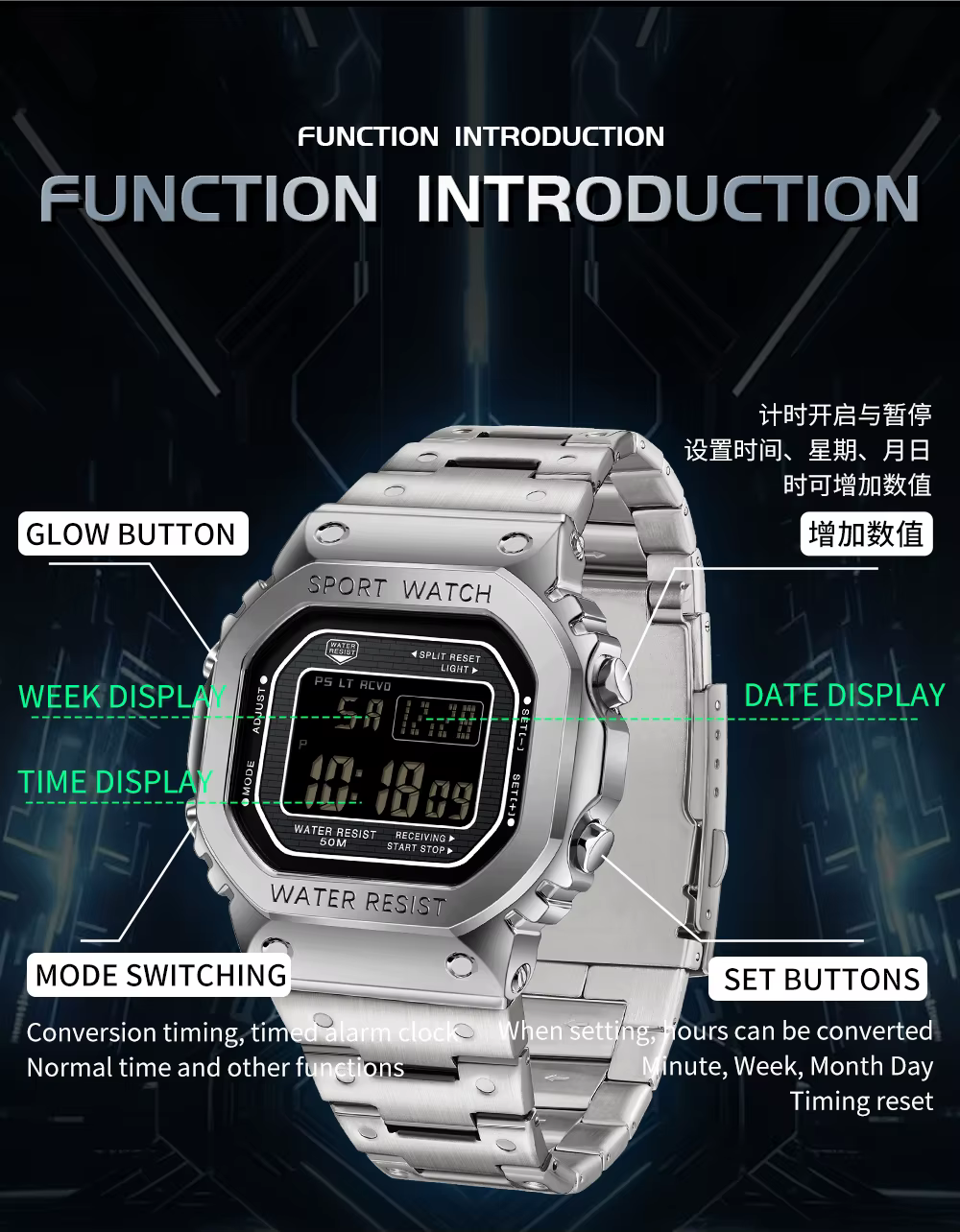 SANDA 2162 montre électronique pour hommes carré étanche multi fonctionnel montre-bracelet carré mod