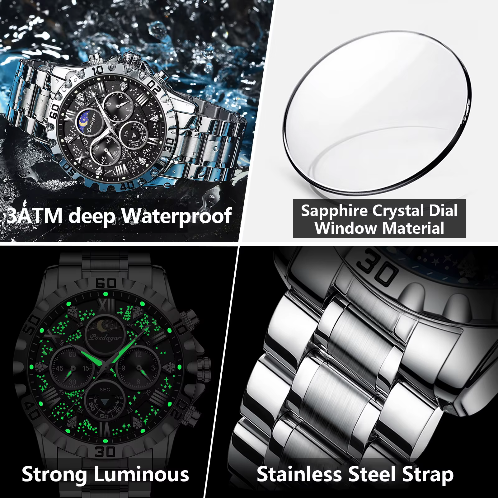 POEDAGAR montre de luxe homme étanche lumineux en acier inoxydable Quartz montre-bracelet pour homme