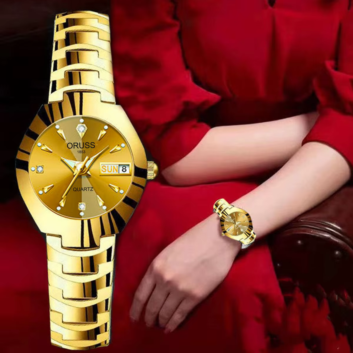 ORUSS-Montre de couple étanche pour hommes et femmes, quartz, acier inoxydable, date, semaine, horlo