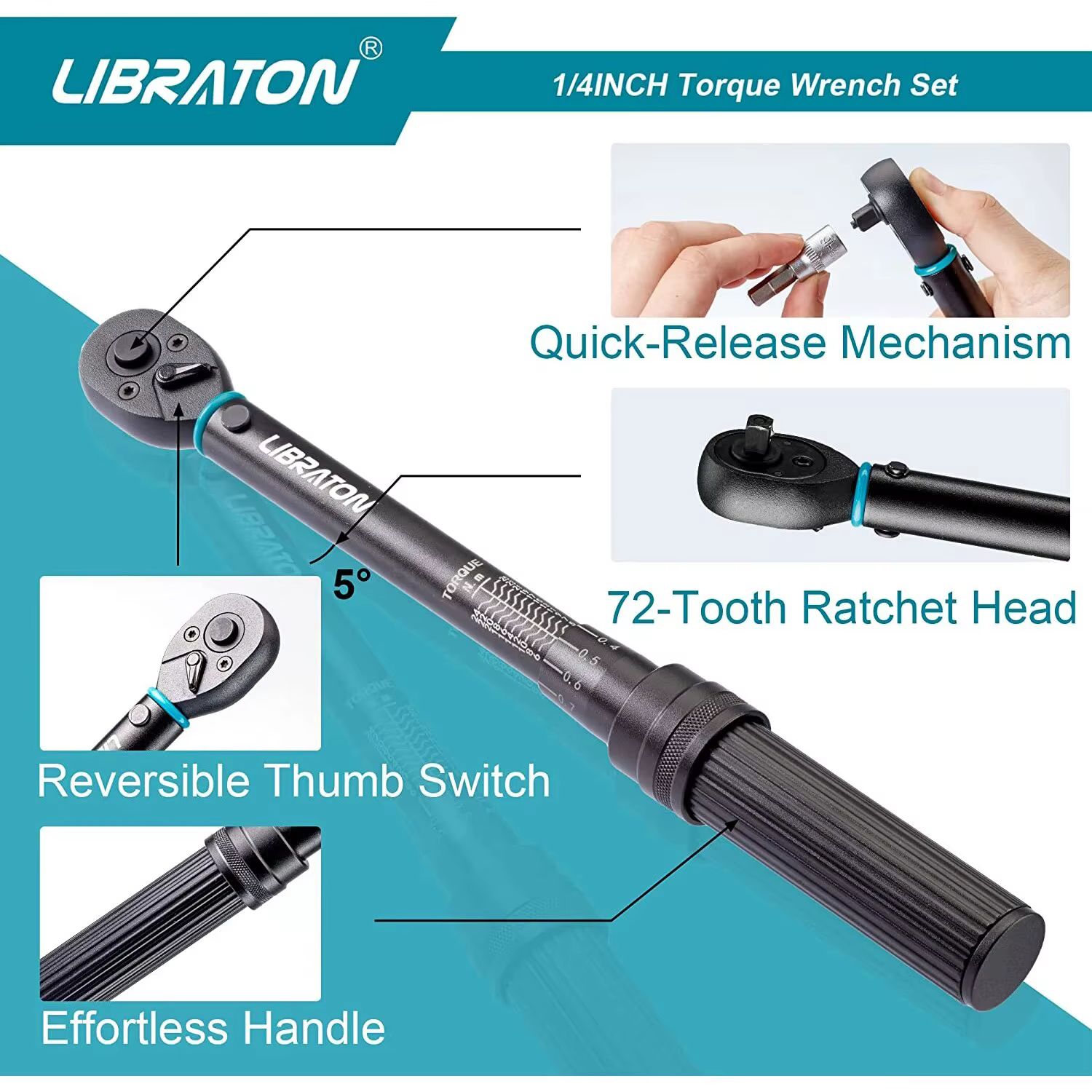 LIBRABOU- Ensemble de douilles de couple pour vélo, Hex, Torx, Star Bit, 1/4 en effet, 5-25Nm, 0.1 N