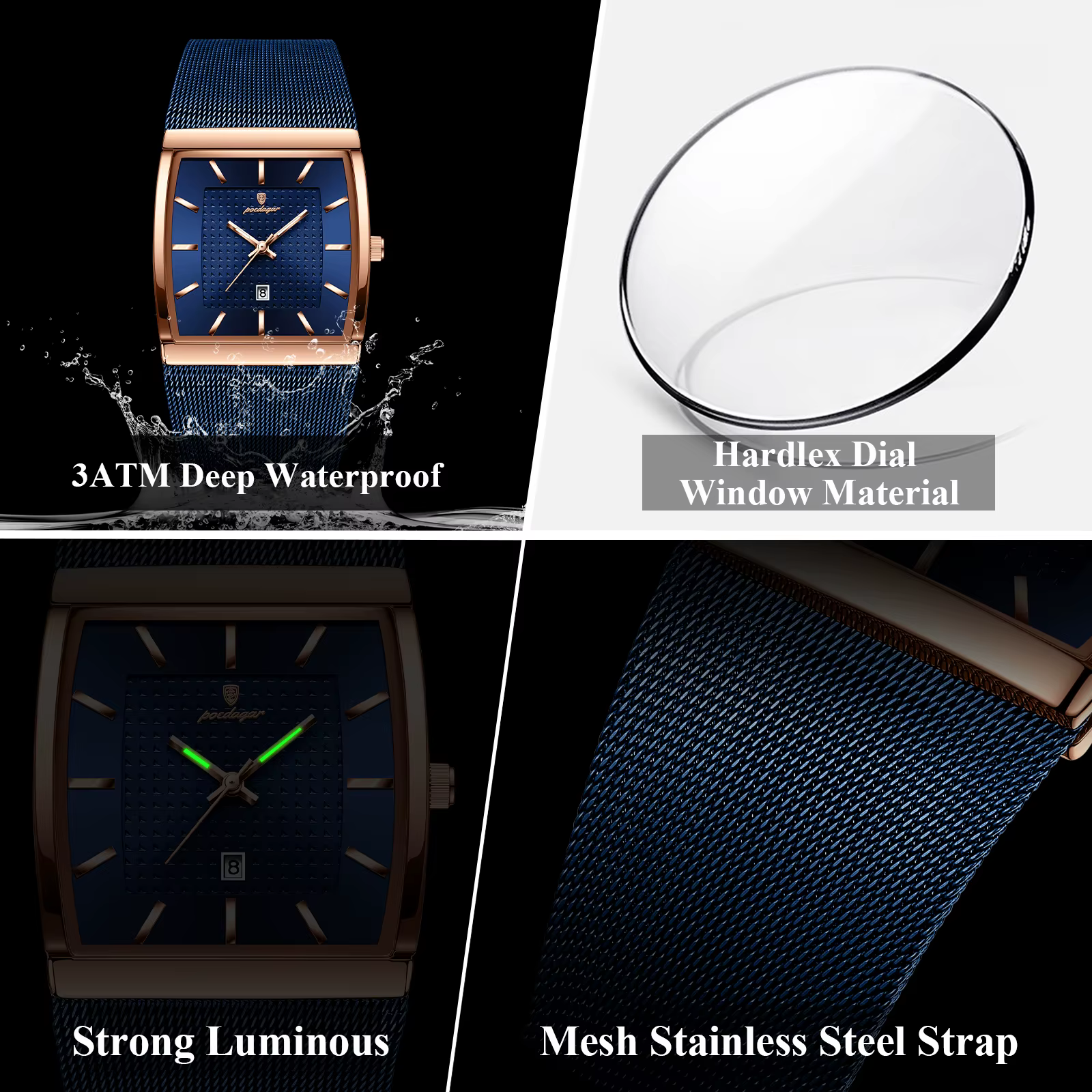 POEDAGAR Top luxe hommes montre en acier inoxydable maille Date étanche lumineux homme montre-bracel