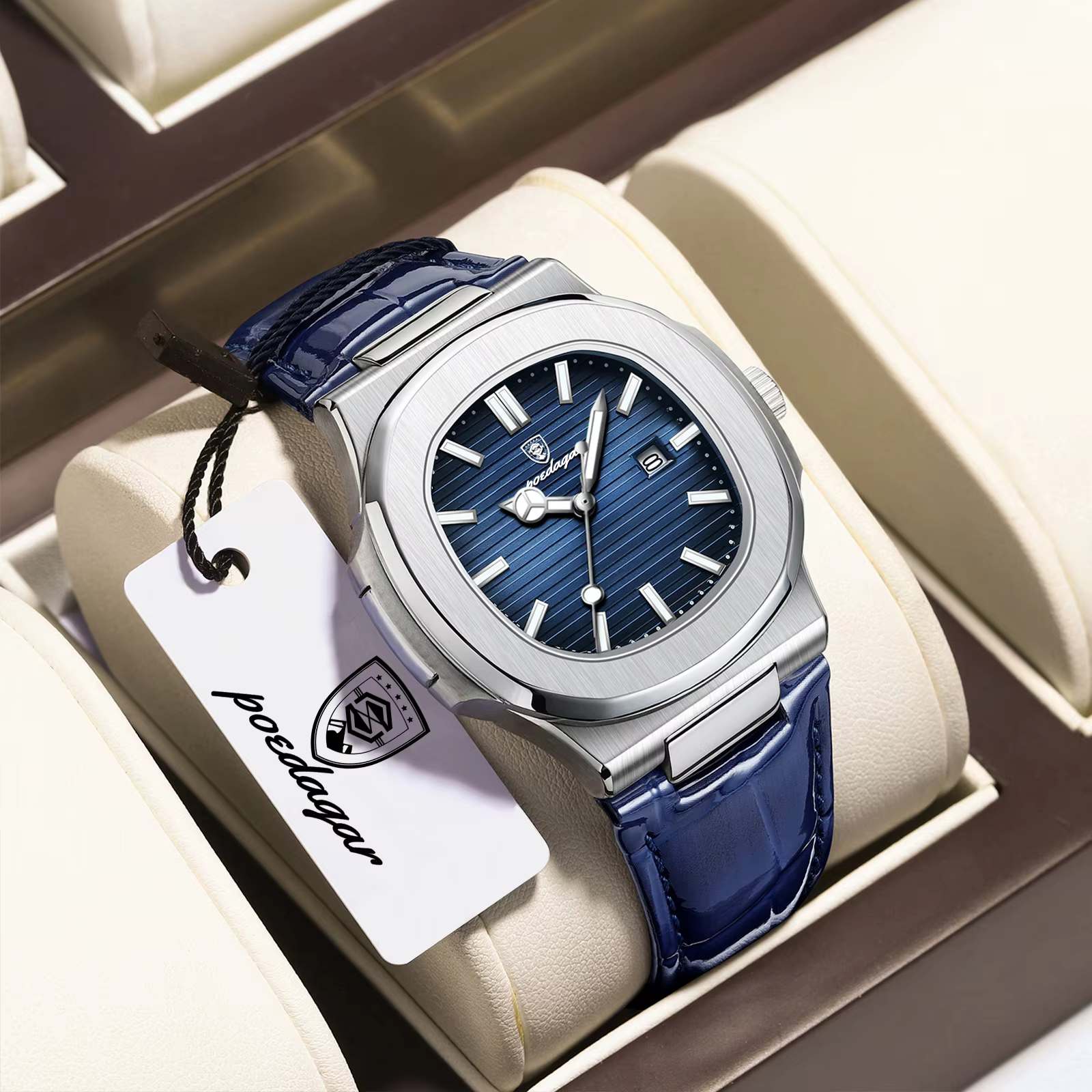 POEDAGAR Top carré homme montre Date étanche lumineux luxe hommes montre-bracelet de haute qualité e