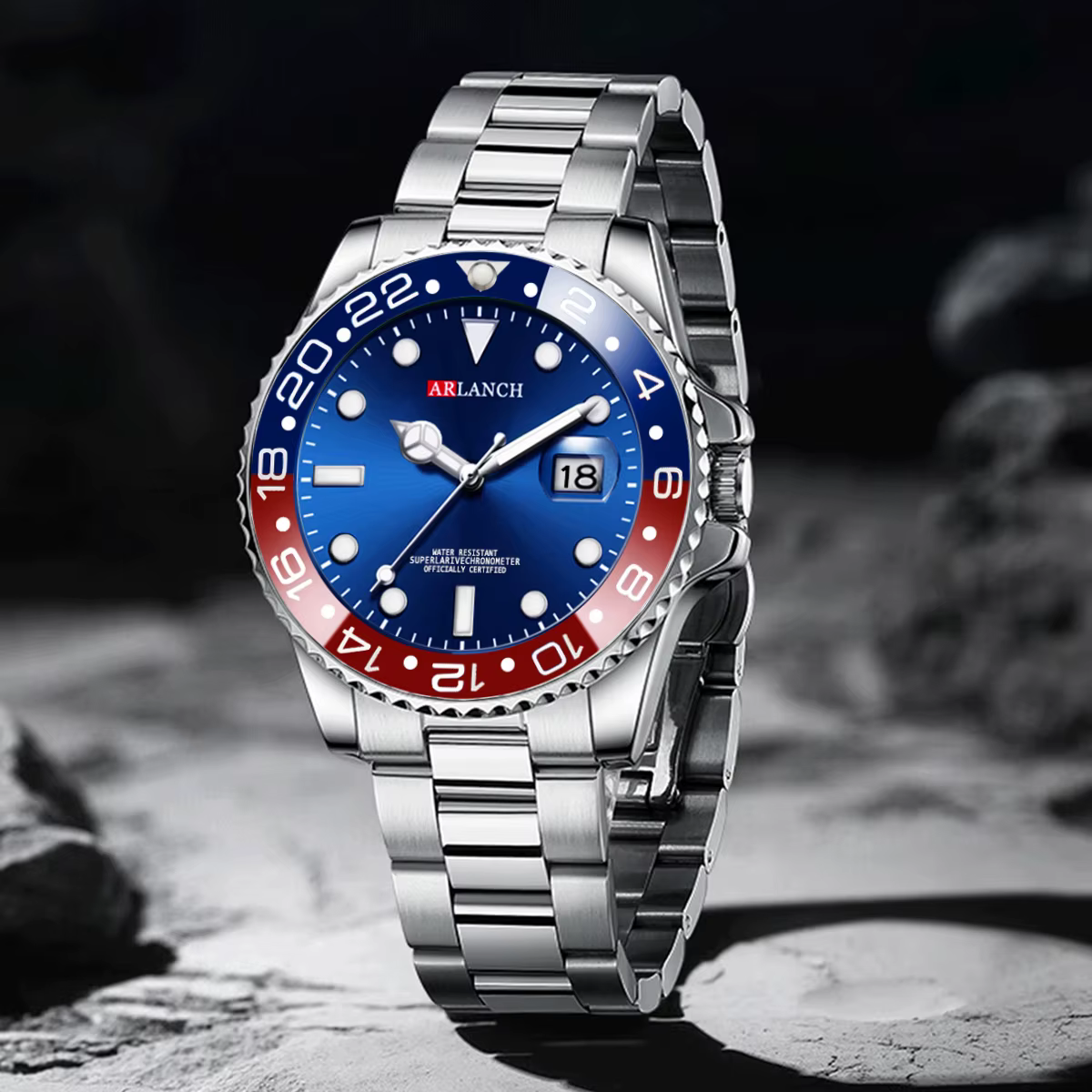 Montre d'affaires en acier inoxydable 40mm classique rouge bleu cercle série de plongée loupe calend